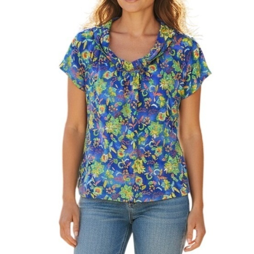 Jones New York Sport XL Blue Floral Top Vibrant Summer Casual Short Sleeve